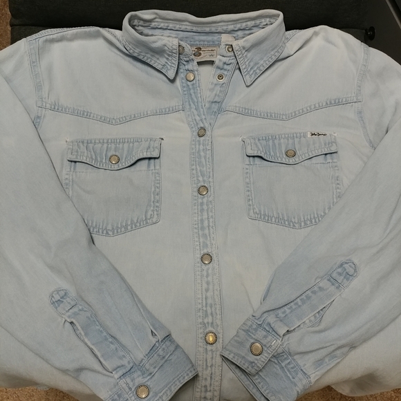 Vintage John Baner Distressed Jean Long Sleeve Shirt Womens L Denim Worn w/Holes - Picture 14 of 16